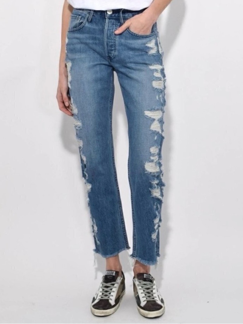 3x1 Denim Button Fly Higher Ground Boyfriend‎ Slim Distressed Jeans Punk Blue 25
